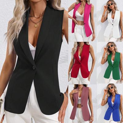Spring Autumn Solid Color Cardigan Single Button Jacket Sleeveless Round Neck Jacket for Women Jackets & Coats Women’s