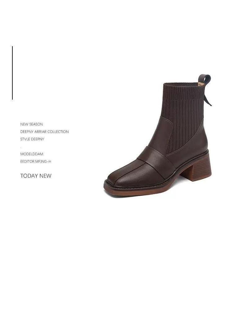 Botine de damă cu toc gros pentru toamna/iarna 2025 - Stil coreean plus catifea, calde, tip șosetă, botine Martin în stil britanic pentru studenți