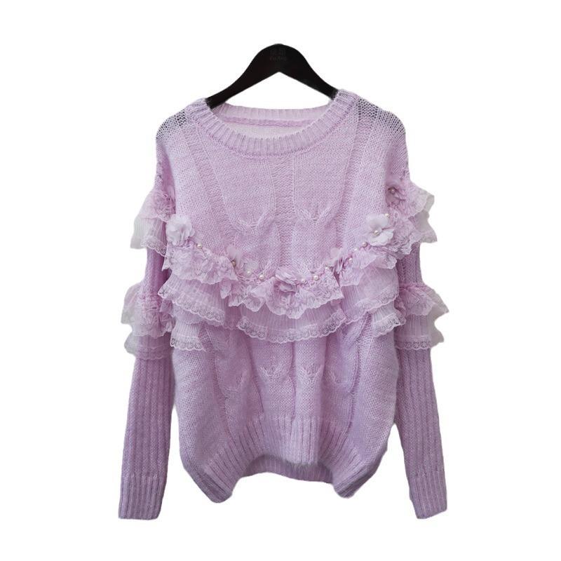 Heavy Industry Bead Splicing Mesh Flower Sweater Pullover Autumn and Winter New Sweet Loose Knitted Sweater Top Women