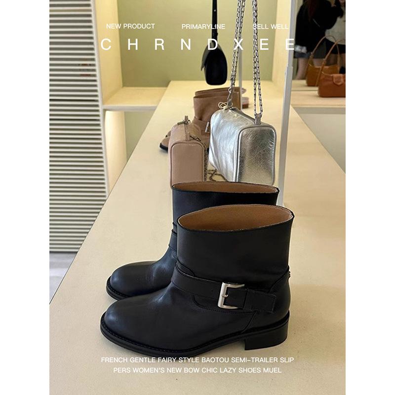 

Cowhide version~ Korean version of metal belt buckle western boots women s round head thick heel short boots wide tube Chelsea Martin boots 40 чёрный
