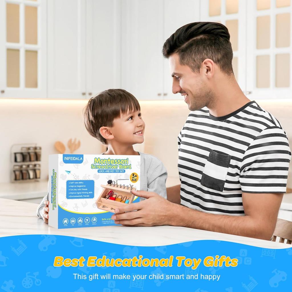 Montessori Toys for 3 4 5 Year Old,Montessori Screwdriver Board Set-Lock and Key Toy,Kids Tool Set,Preschool Learning Sensory - Fine Motor Skills -