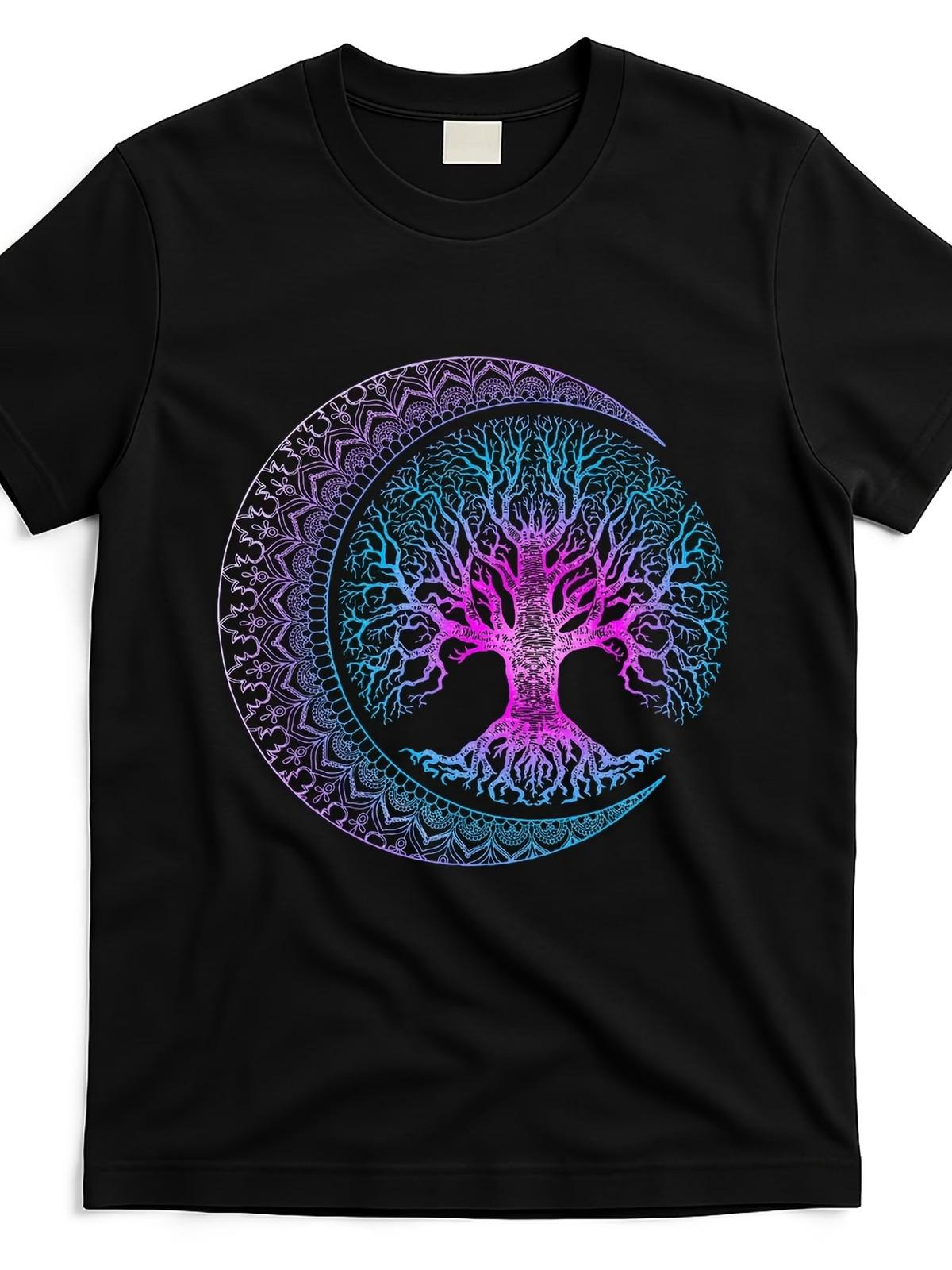 Tree of Life & Crescent Moon Phases Mandala Yoga T-Shirt - Purple Neon Graphic T 3XL