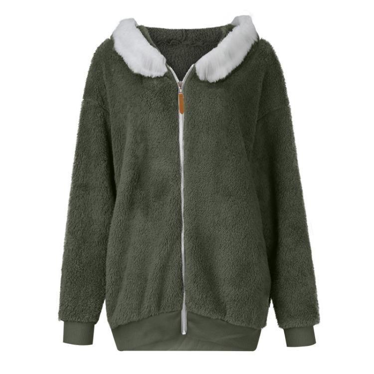 Women Loose Plush Hooded Jacket Casual Solid Color Zippered With Pockets