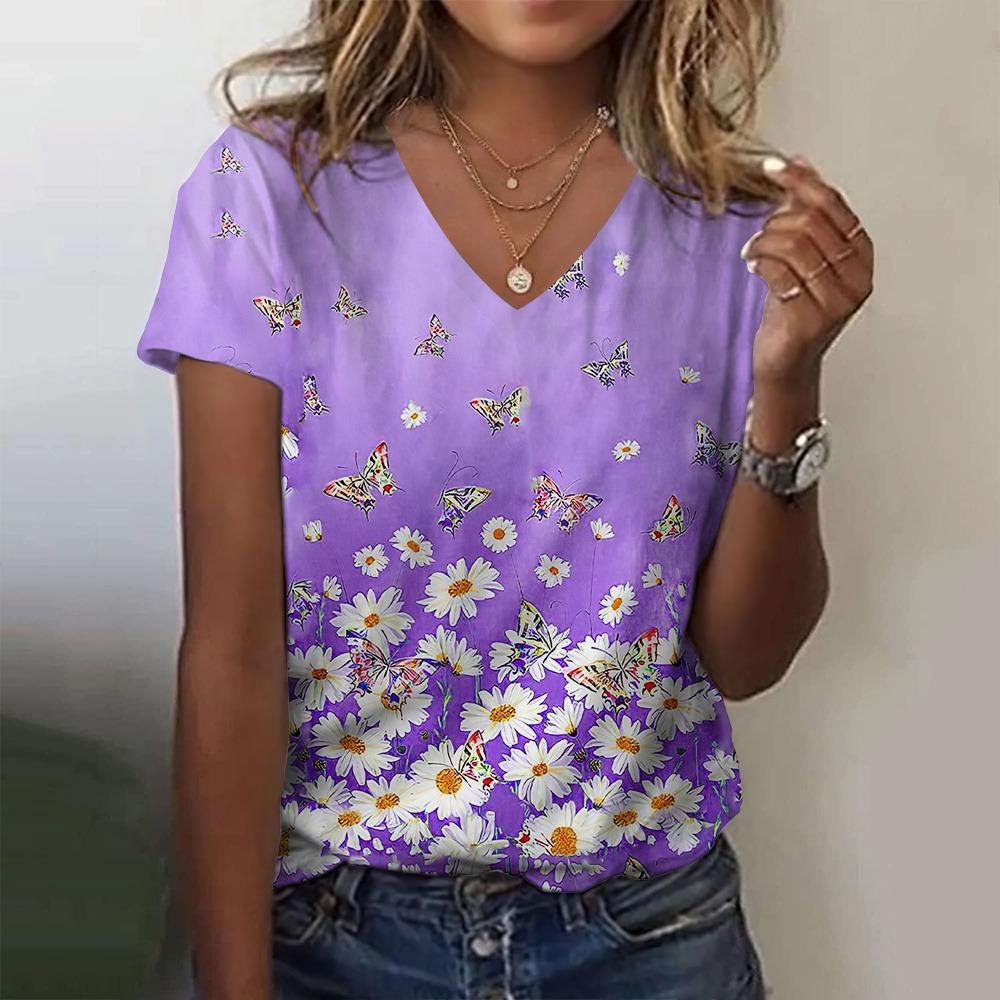 New Women T-shirt Simple Graphic Print Oversized Women's Trending Clothing Fashion Short Sleeve Shirt Women V-Neck Blouse 2024