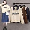 Kadın Harf Baskılı Polo Yaka Uzun Kollu Kapüşonlu Sweatshirt Moda Bayan Sokak Giyimi Bol Kazak Üstler
