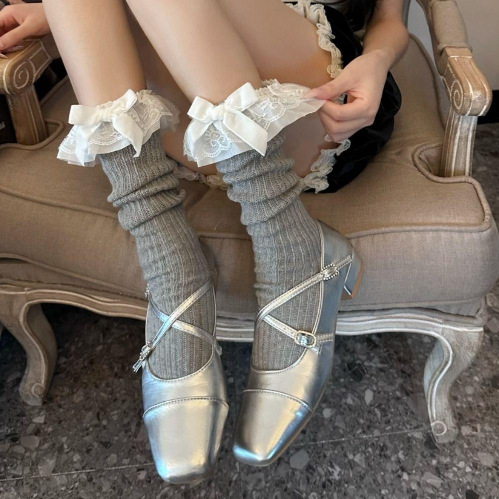 Loose Knitted Mid Calf Socks Bowknot Women Stockings Fashion Lace Ruffle Socks  Uniform