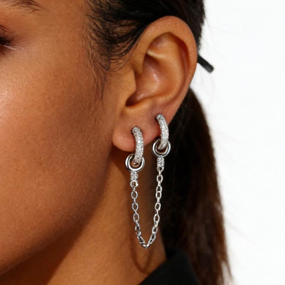 2026 New Years Gift Double Circle Link Tassel Chain Hoop Earring Micro Paved CZ Geometric Circle Double Piercing Ear Jewelry