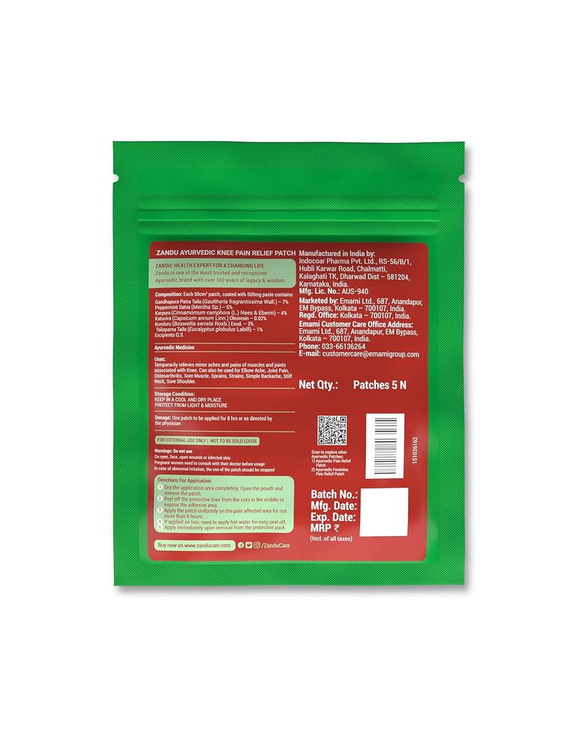 Zandu Ayurvedic Knee Pain Relief Patch Pack of 1X 5 Patches for Joint and Muscle Comfort 8 Hours Relief
