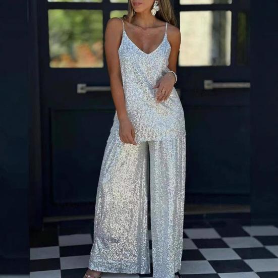 Women Sequin Two Piece Outfit Sleeveless Cami Scoop Neck Top Wide-leg Pants