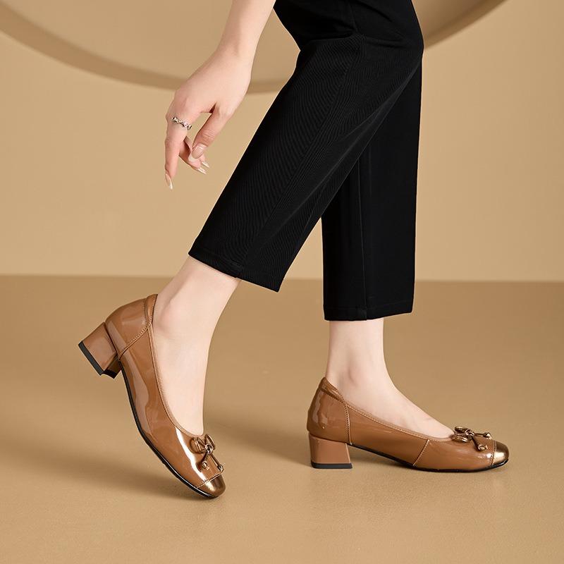 Fashion heels women's bow color matching leather small leather shoes women's one-pedal casual Mary Jane women's shoes