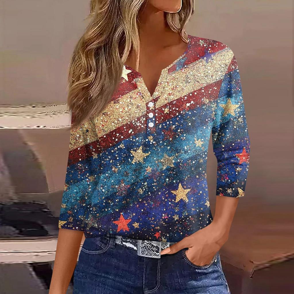 Women's T Shirt Tee Independence Day Printed Button 3/4 Sleeve Tunic Daily Weekend Fashion Basic V- Neck Regular Top