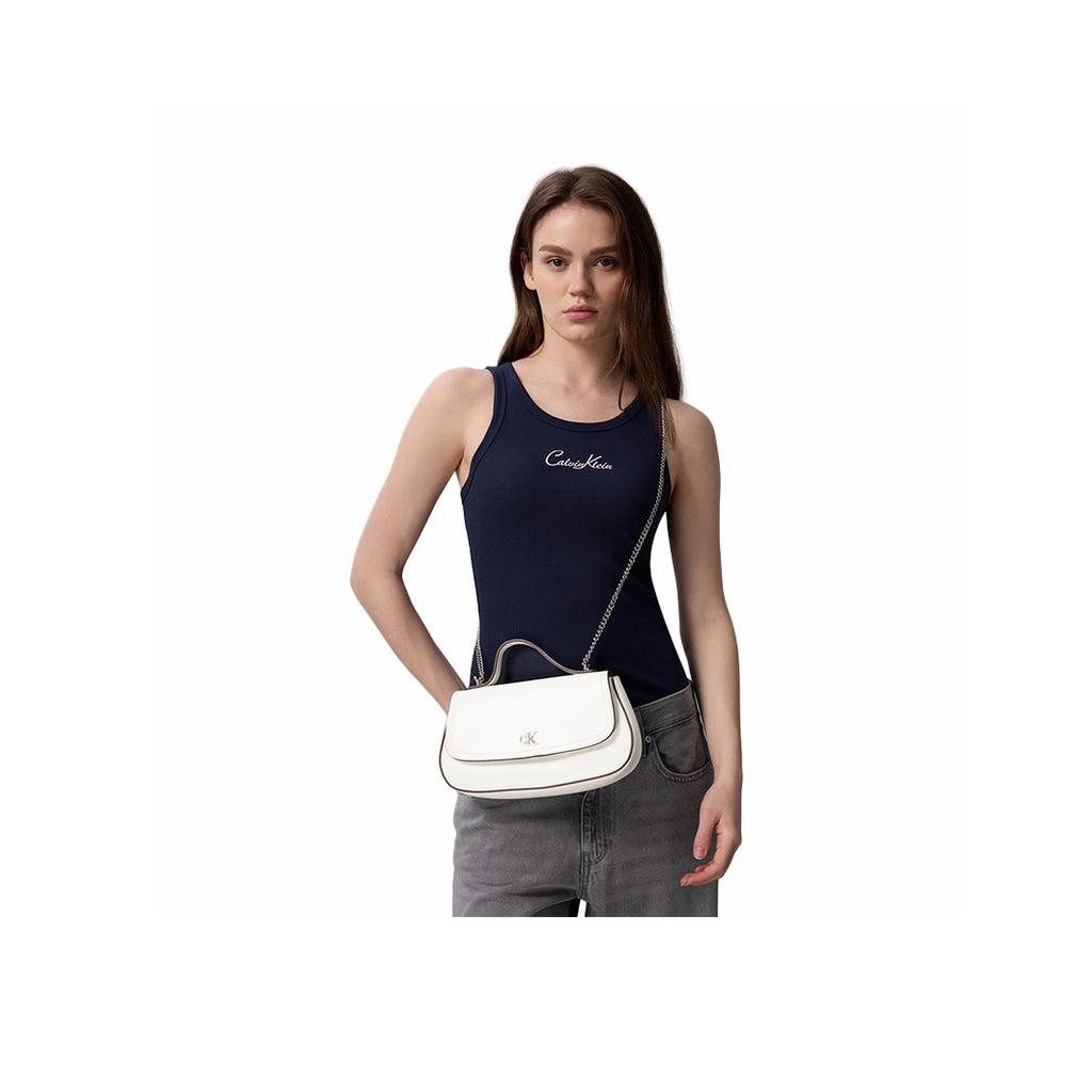 Calvin Klein Elegant Commuter Letter Shoulder Chain Mixed Material Tote Bag Small Women Handbags Lily-White 4F3282G-FUP