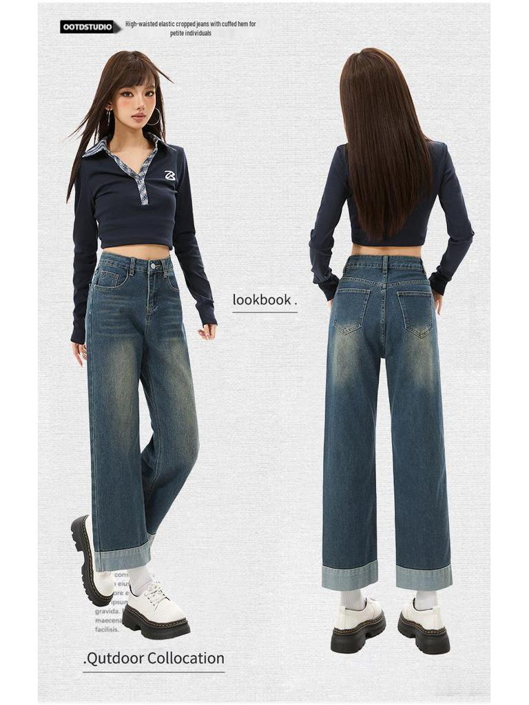 Women's 2026 Summer High Waist Patchwork Straight Leg Jeans - Vintage Faded Petite Cropped Cigarette Pants