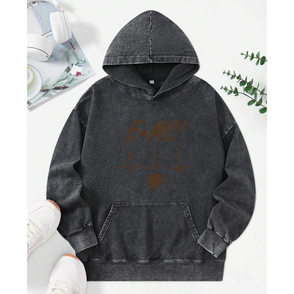 Energie = Milchkaffee Prints Damen Gewaschener Hoodie Mode Tasche Streetwear Lockerer Hoodie Lässig Baumwolle Damen Kleidung
