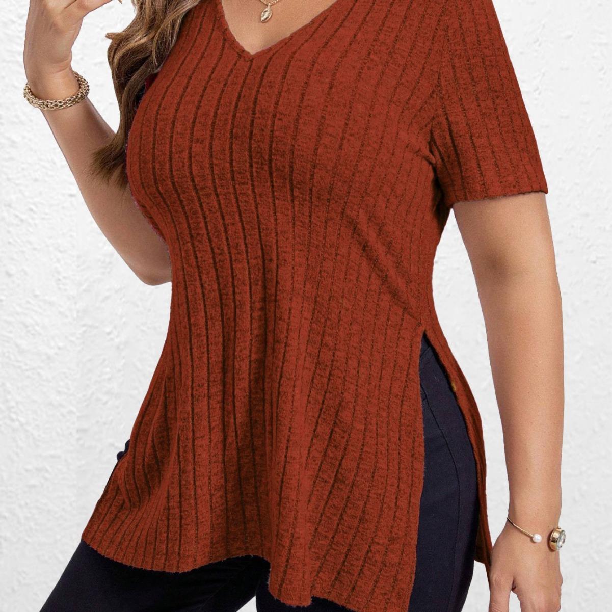 

IHUASU весенне-летняя модная однотонная женская футболка с v-образным вырезом и короткими рукавами, пуловер с разрезами 2XL