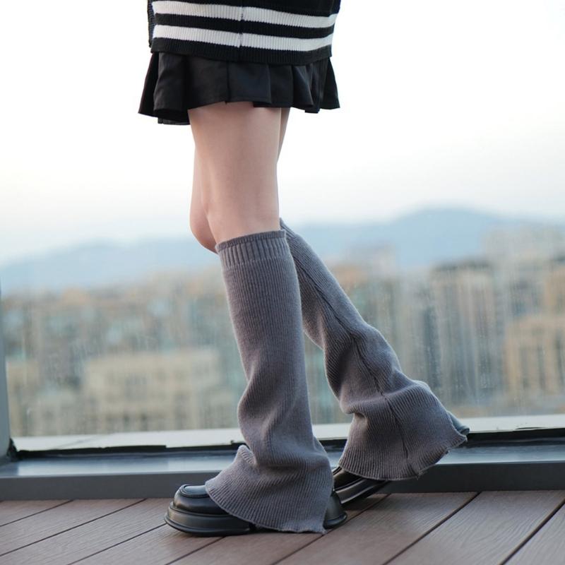 Winter Fall Knitted Leg Warmers Japanese Korean Style Wide Leg Cover Y2K Flared Split Knee High Long Socks for Women