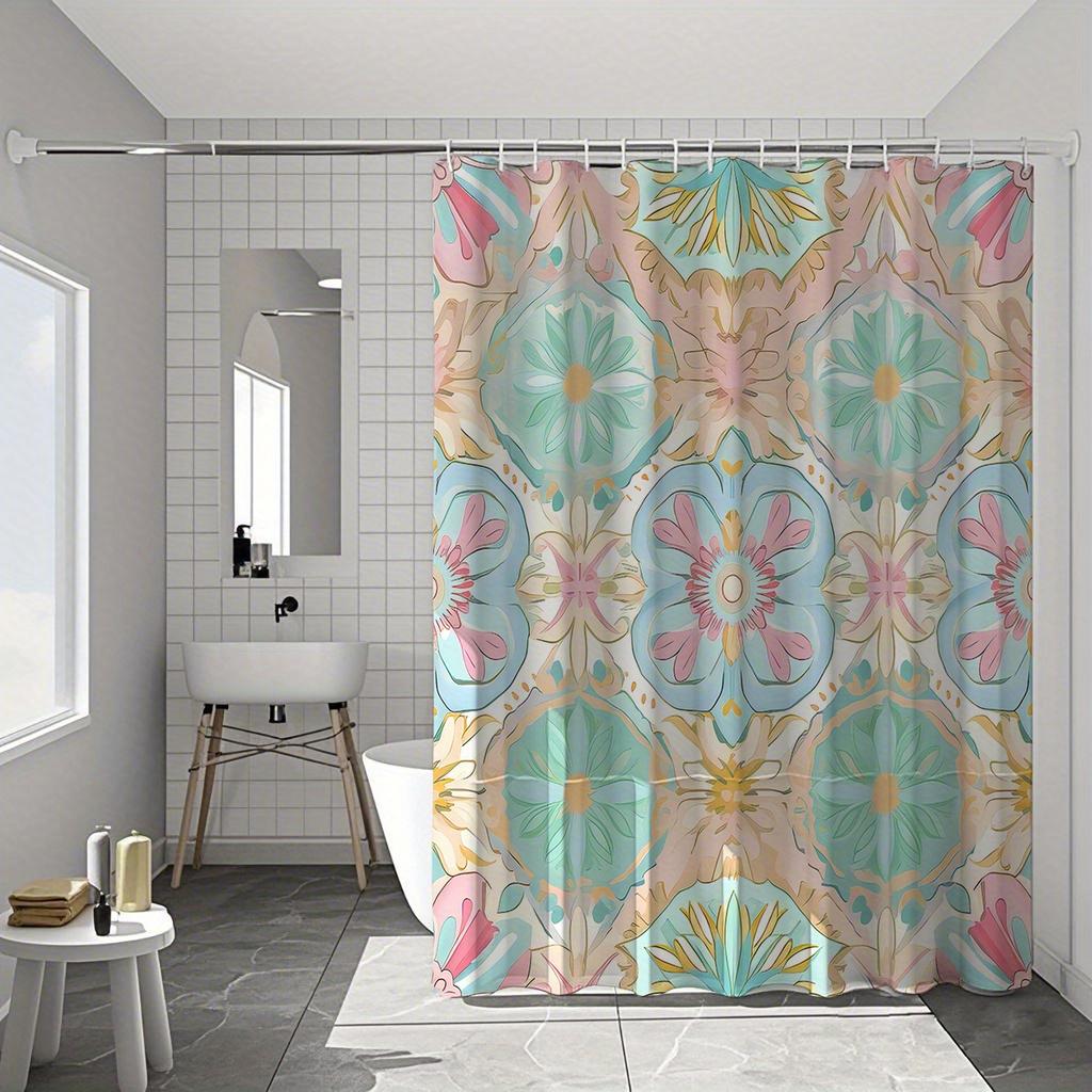 Art Deco Floral Curtain, Vibrant Print, Fade-Resistant, Machine Washable, Retro Bath Decor