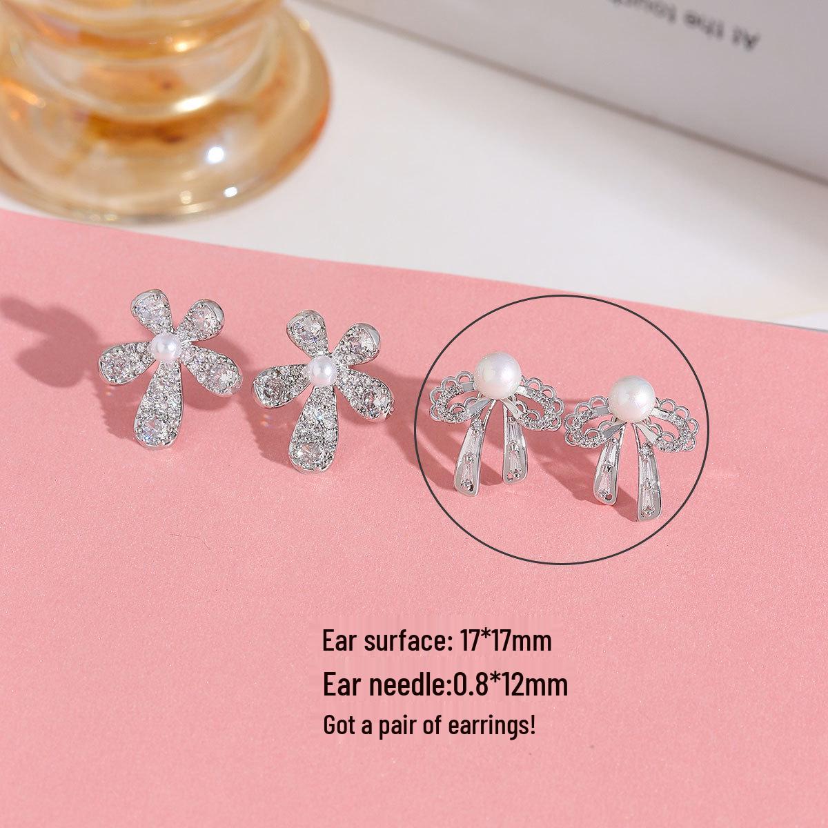Gold-Plated Hollow Lace Bow Zircon Sunflower Pearl Stud Earrings Real Gold Plating, Long-lasting Color