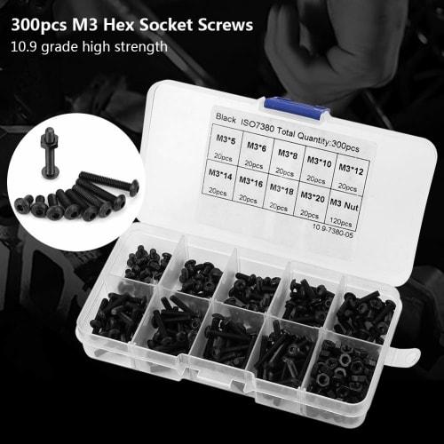 300-Piece Hex Socket Button Head Bolt Set, M3 Universal Size, 9 Lengths, Hex Screws, Button Head Bolts and Nuts, Alloy Steel, Repair Tool, Carbon Stee