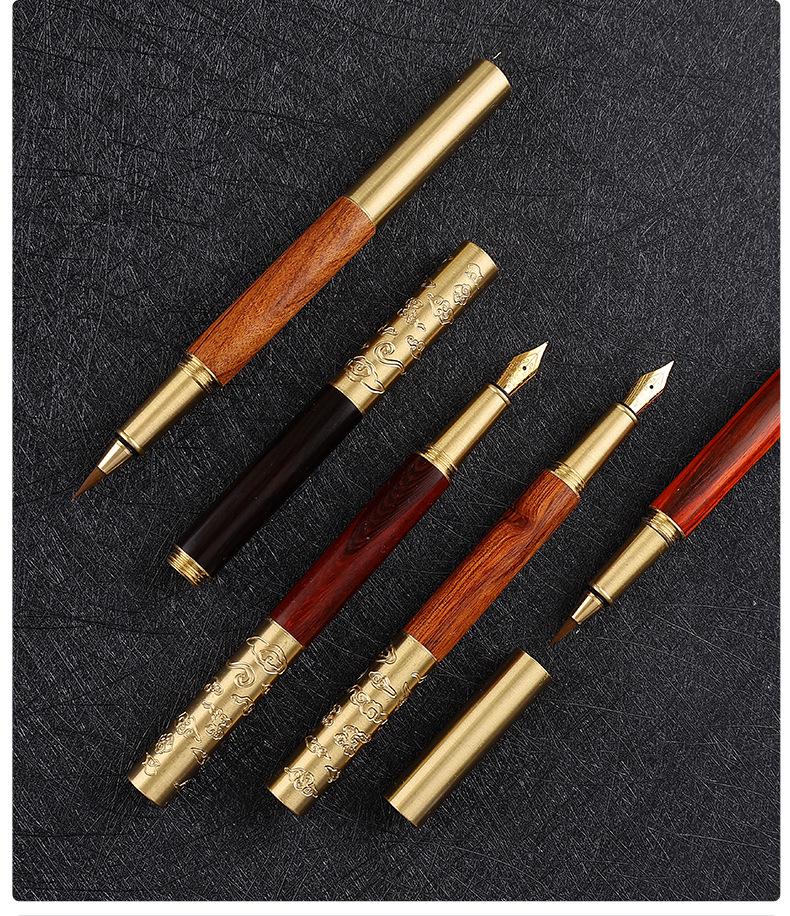 Retro Brass & Sandalwood Pocket Fountain Pen Set – Signature Calligraphy and Business Office Gift.