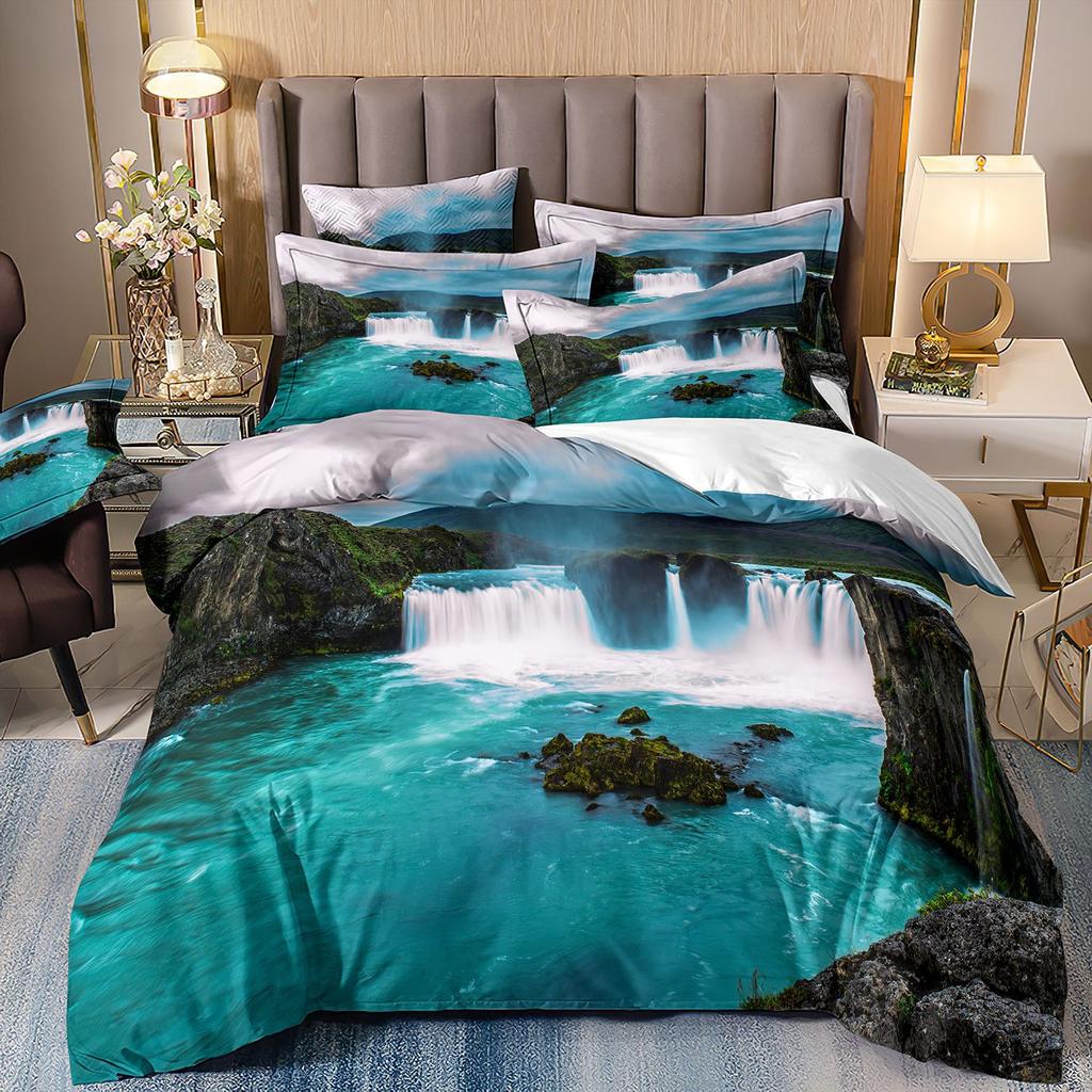 Three-Piece Beautiful Landscape 3D Bedding Stream Waterfall Printing Quilt Cover Home Textile Batch