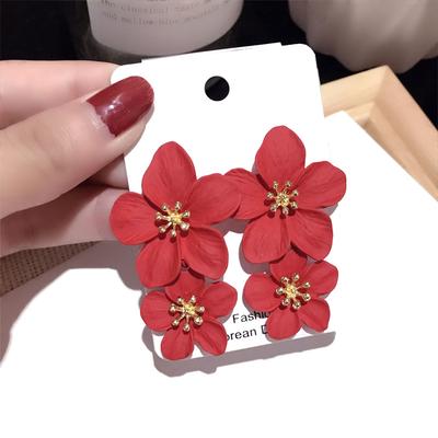 Double Flower Earrings Trendy Pink Flowers Studs Earrings For Women Wedding Party Jewelry Boho Metal Earrings Female