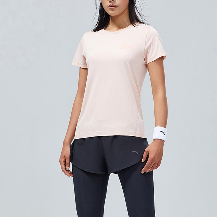 Anta Running Series Logo Print Round Neck Pullover Short Sleeve Fitness Top Women Tops Falling-Rainbow-Pink 162125120-1