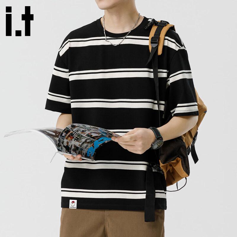 CHOCOOLATE Men's Stripe Color-block Crew Neck T-Shirt