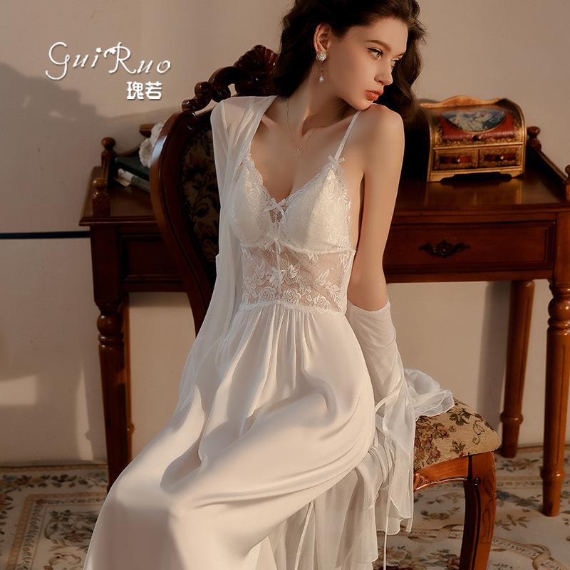 Women's Plus Size Sheer Mesh Padded Sleep Dress with Robe Lounge Set