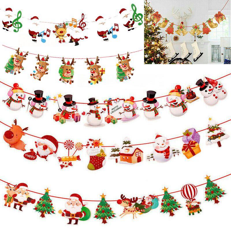 Christmas Banner Merry Pennant Hanging Flag Bunting Santa Claus Reindeer Snowman