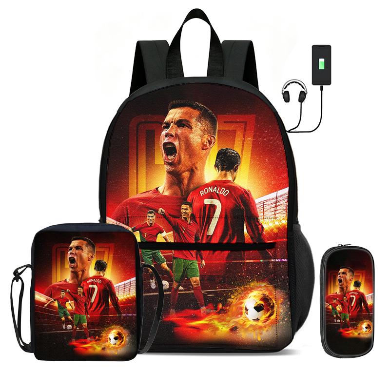 Learn, Travel Football Sport Rucksack Ronaldo 3 Pcs Set Kids Backpack Shoulder Bag, Pencil Bag, Football Star Knapsack