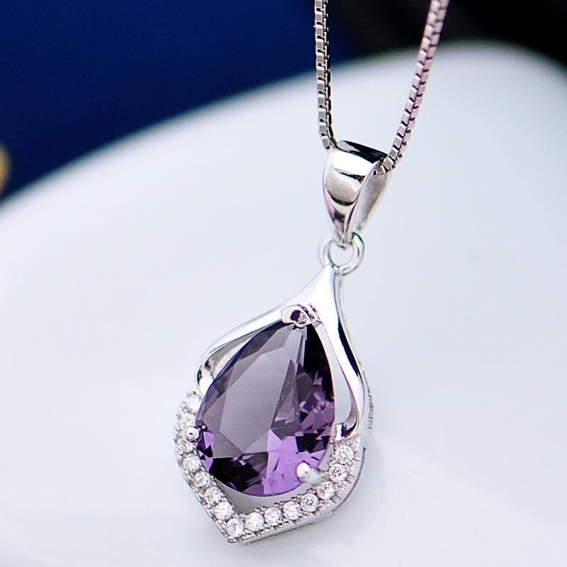 

European & American Teardrop Amethyst Pendant Necklace, 925 Silver, Purple Gem Clavicle Chain, Simple Women’s Jewelry With Chain [45cm Box Chain]