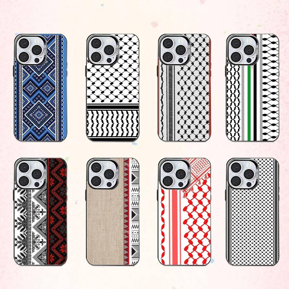P-Palestine Hattah K-Keffiyeh pattern Phone Case For iPhone17,16,15,14,13,12,11 Plus,Pro Max Colored Silver Plated Inside Cover