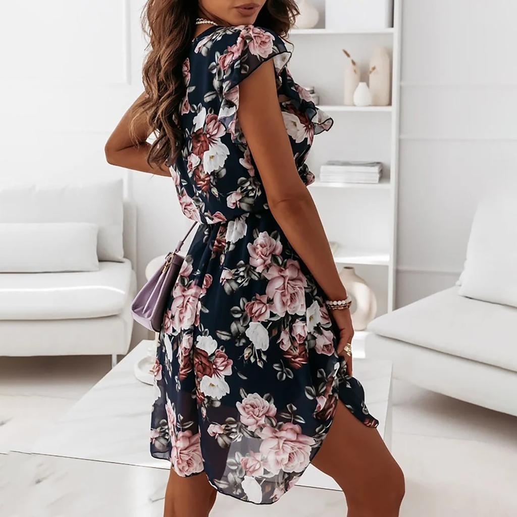 Women's Fashion Casual Sexy Chiffon Print Round Neck Ruffle Sleeveless Dress