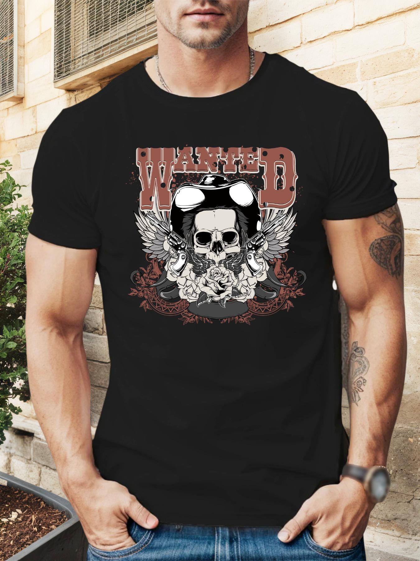 Edgy Skull & Pilot Goggles Graphic T-shirt - Bold  WANTED  Print XXXL
