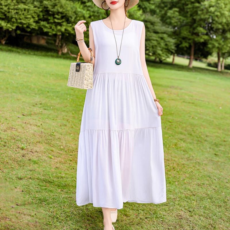 Elegant Sleeveless Dress for Women Plus Size Loose Vintage Print Long Dress Summer Middle-aged Women's Clothing