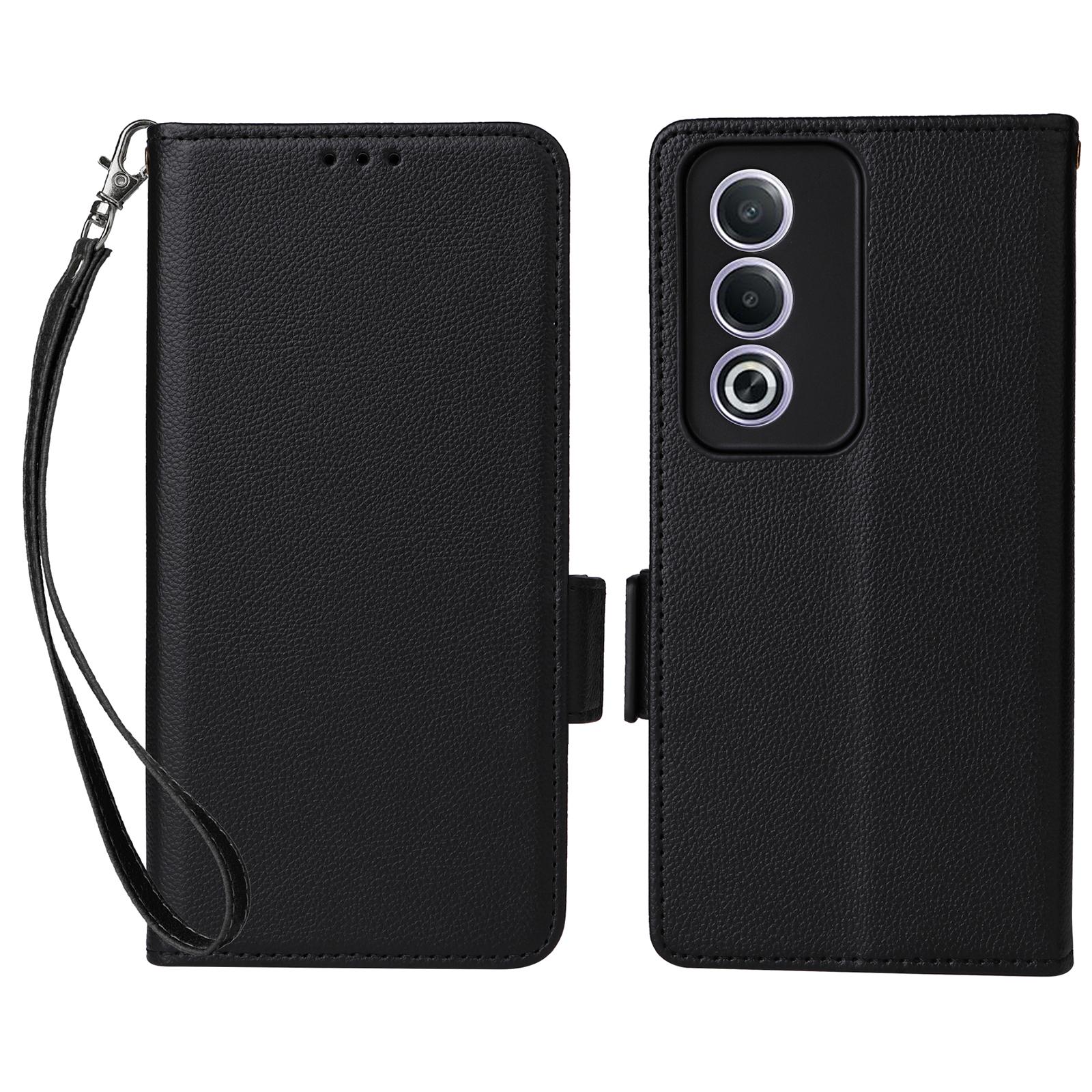 

For Oppo A80 5G/A3 Pro (Global) 5G/K12x 5G (India)/A3x 5G (China) Case with Wrist Strap Litchi Texture PU Leather Wallet Phone Cover Black