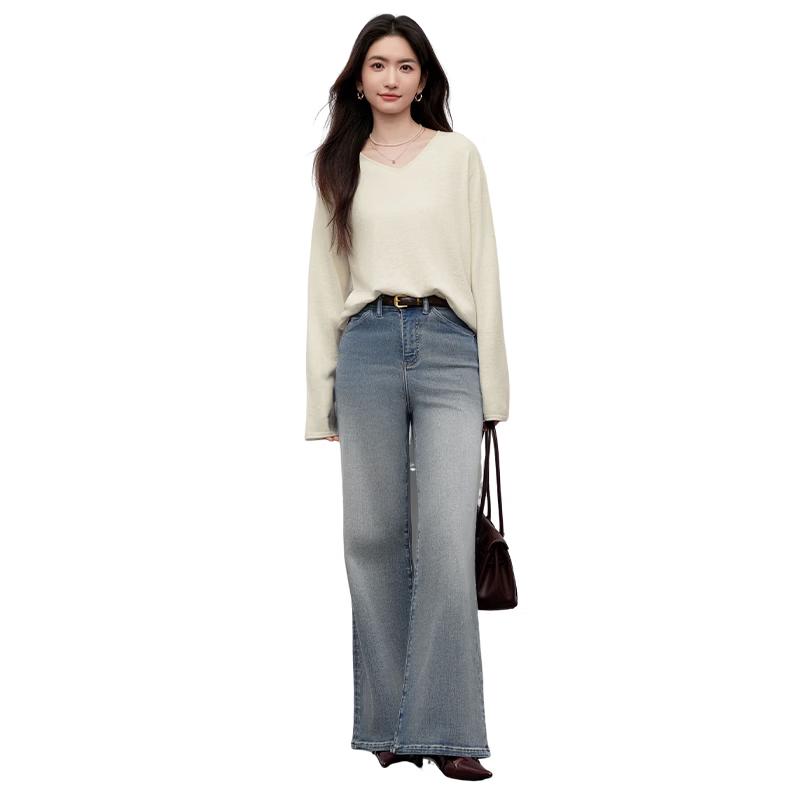Xiangying Women s Retro Washed Blue High-Waist Flared Wide Leg Jeans XL