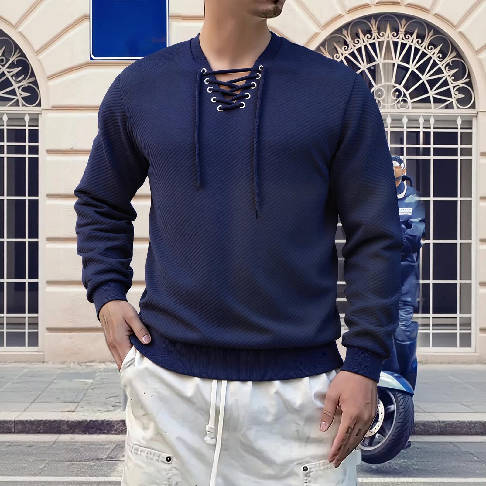 

Men s Drawstring Collar Long-Sleeve Top Men s Casual Stylish Long-Sleeve Shirt XXXL Темно-синій