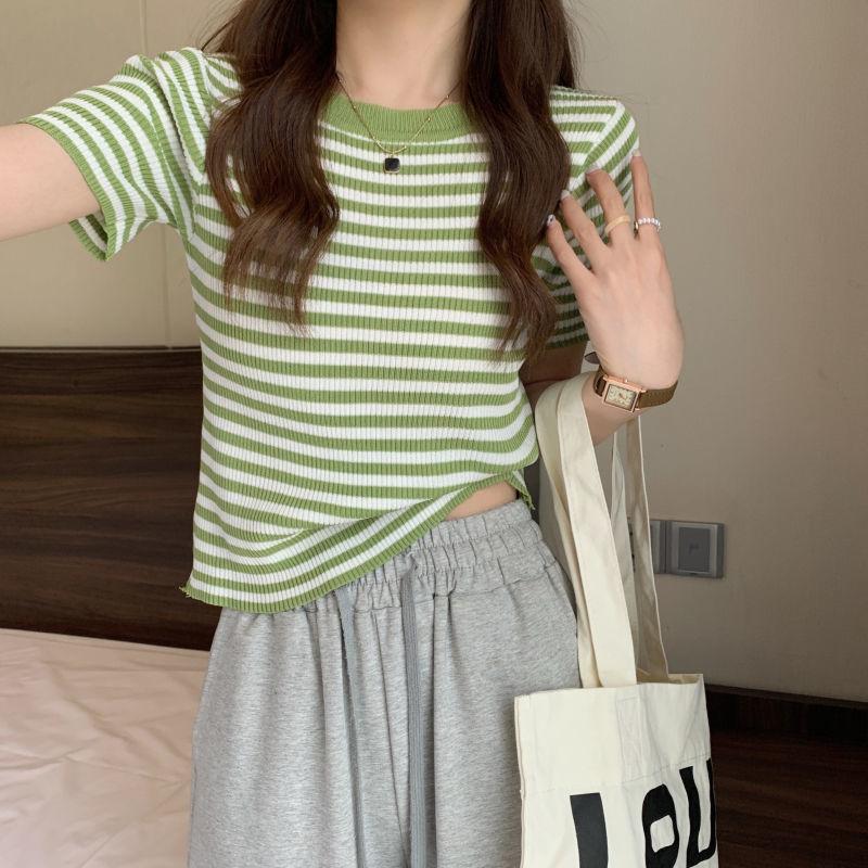 Dámské letní tenké pruhované hedvábné tričko s krátkým rukávem a vysokým pasem