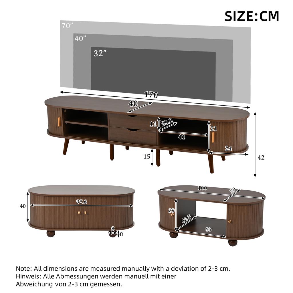 Living Room TV Cabinet with Storage Space + Coffee Table Combination, Walnut Combination In Original Wood Color, MDF, Set of 2