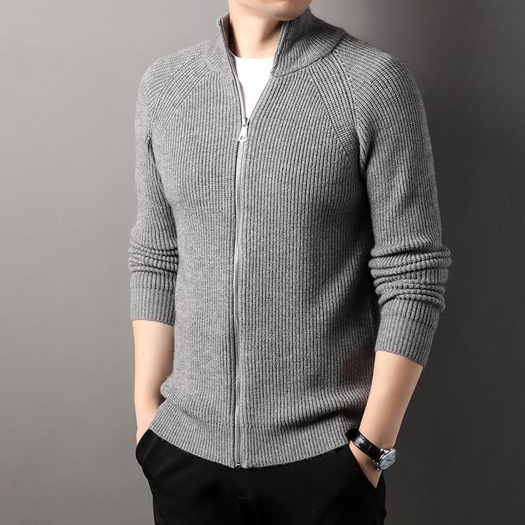 Spring And Autumn Men'S Stand-Collar Long Zipper Knit Cardigan, Solid Color Casual Versatile Sweater Jacket, Knit Cardigan For Men