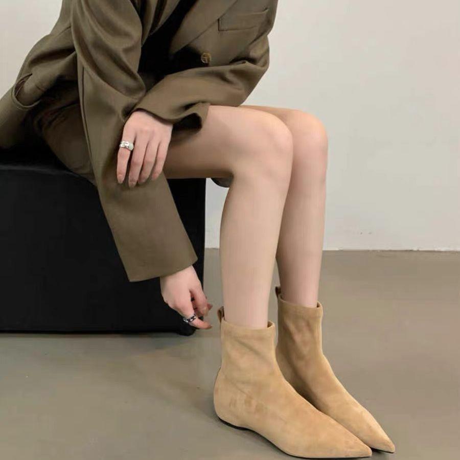 Flat bottom European design suede short boots socks boots flat heel temperament matte pointed simple thin boots