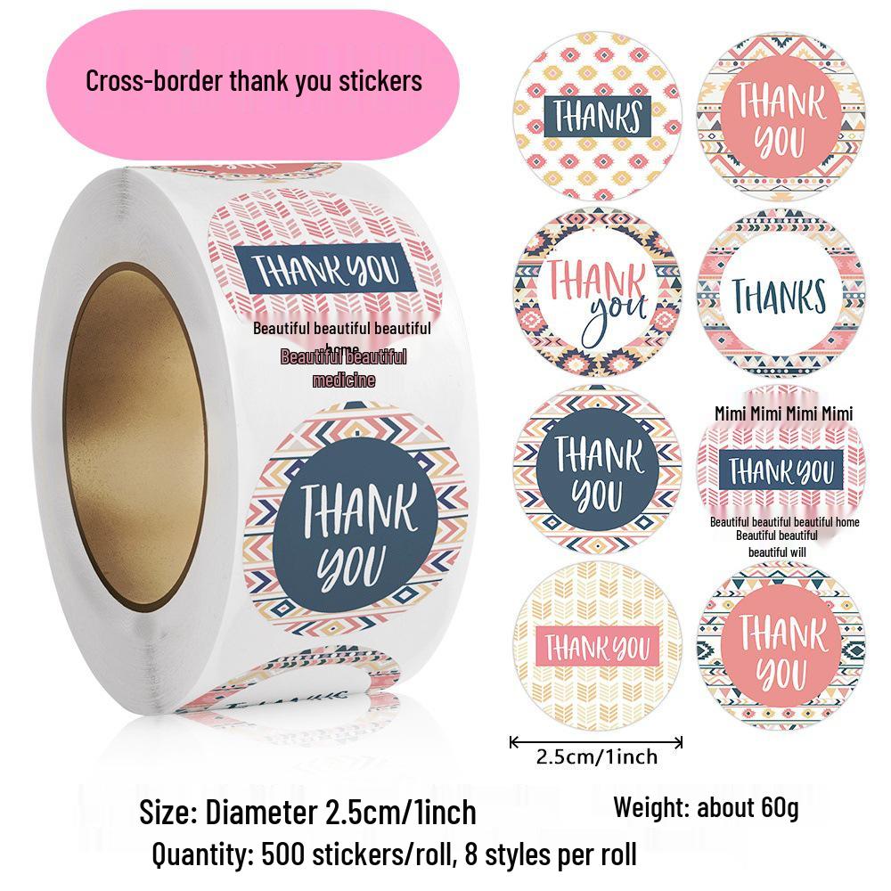 

500 Floral Holiday Thank You Stickers Roll - Decorative Sealing Labels 25mm/500 labels