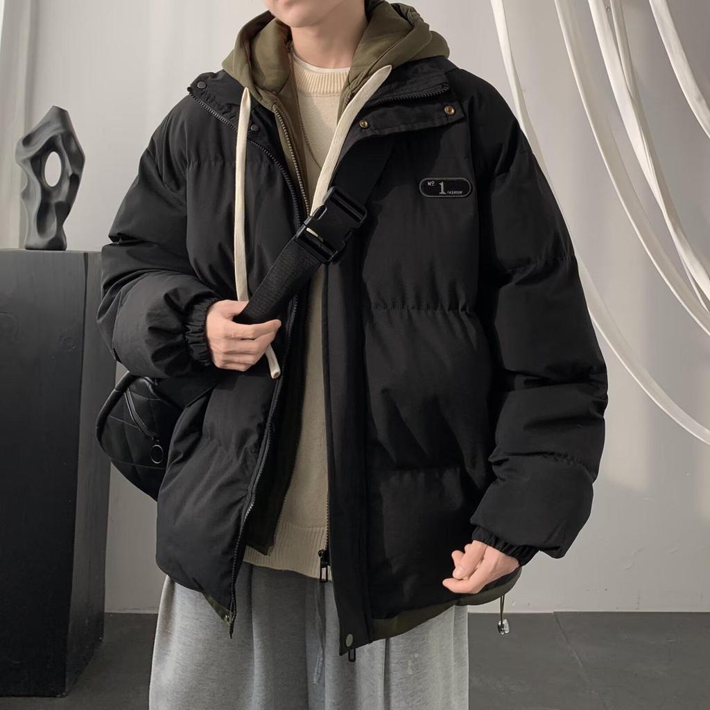 Men's Trendy American-Style Faux Two-Piece Down Coat - Winter Hooded Loose Fit for Cold Protection