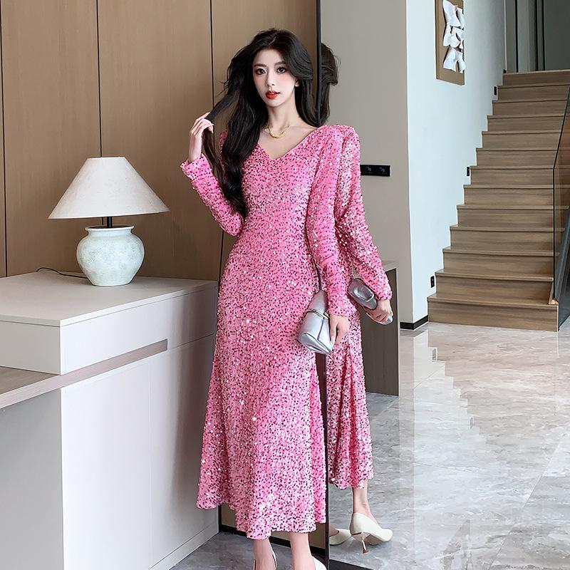 Women's V-Neck Long-Sleeve Sequin Fishtail Dress (2024 Autumn/Winter Collection)