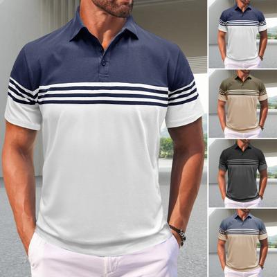 T-shirt rayé à manches courtes et revers pour homme, haut décontracté en mélange de coton respirant, idéal au quotidien, pour les fêtes, le bureau ou le golf.