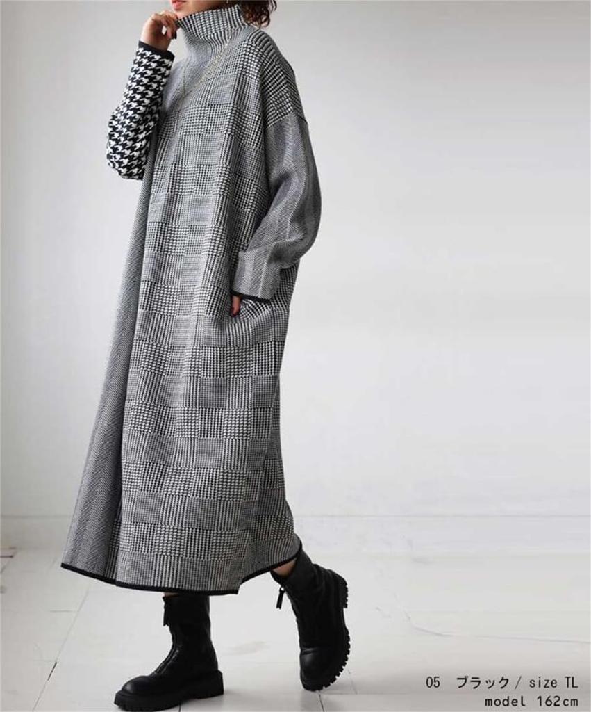 YUANYUAN Houndstooth Docking Knit Long High Long Color High Check Loose For Office Winter One Size Fits Women's Dress, Dress, Dress, Length, Neck,