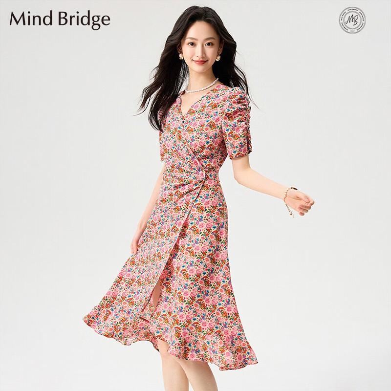 Mind Bridge Women s French Floral V-Neck Short Sleeve Midi Dress L