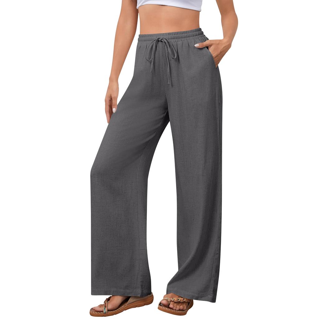 Women's Casual Fashion Cotton-Linen Blend Wide-Leg Pants With Side Pockets